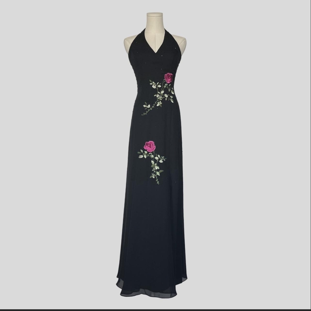 Morgan & Co. Black Maxi Dress with Pink Floral Accents